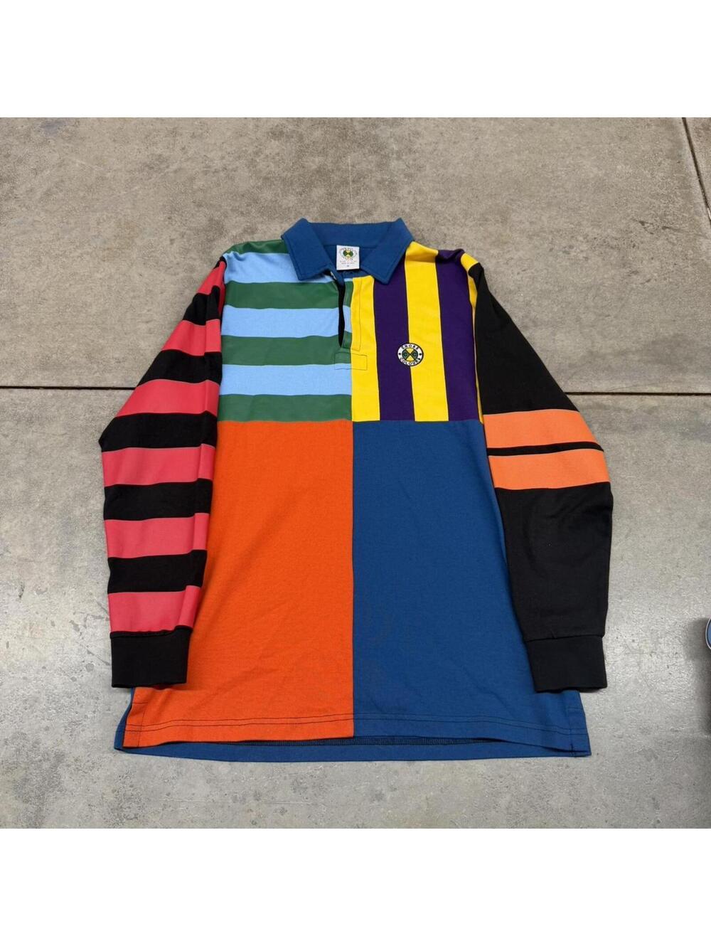 vintage cross colours all over print striped rugby polo shirt size medium